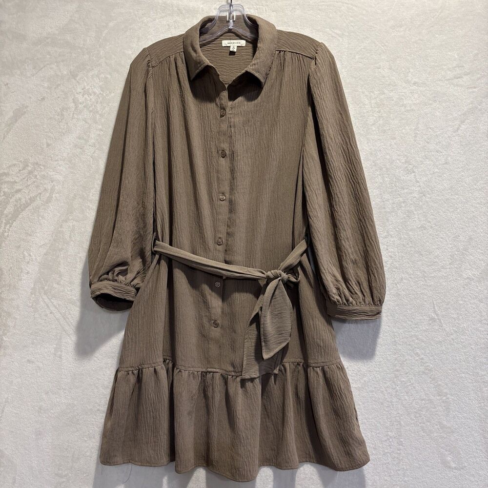 Max Studio Flounce Tunic Shirt Dress Puff Sleeve Belted Pocket Size Medium Beige
